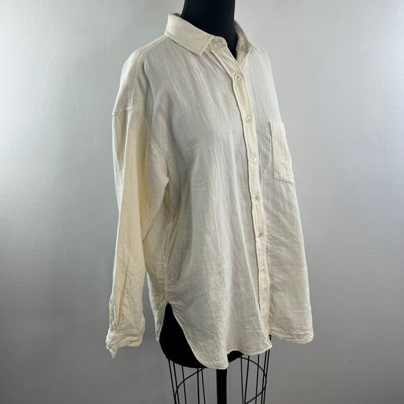 CLOSED Yellow Top Waffle Collared Curved Hem Drop Shoulder Button-Up Size Small - Picture 2 of 7